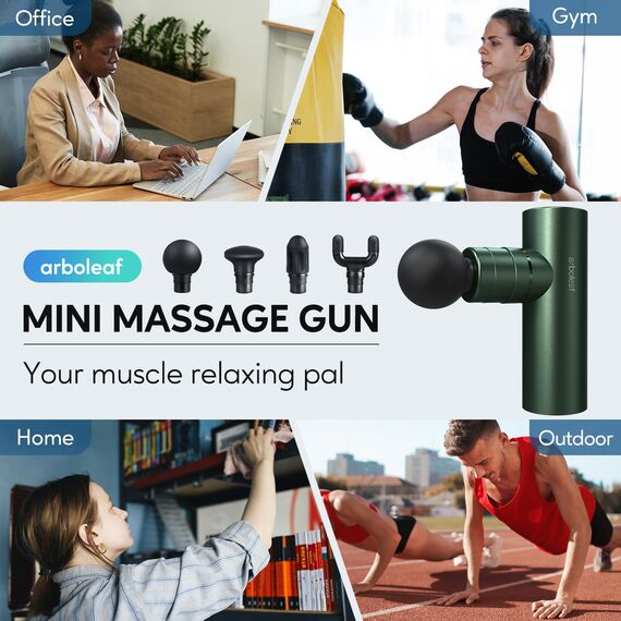 arboleaf mini Massagepistole Massage gun bis zu 3200U/min, handliche Massagepistole 0,47kg mit druckadaptive stufe & 4 Silikon-Massageköpfen, leise Muskelpistole mit Tasche Muscle Gun USB-C(grün)