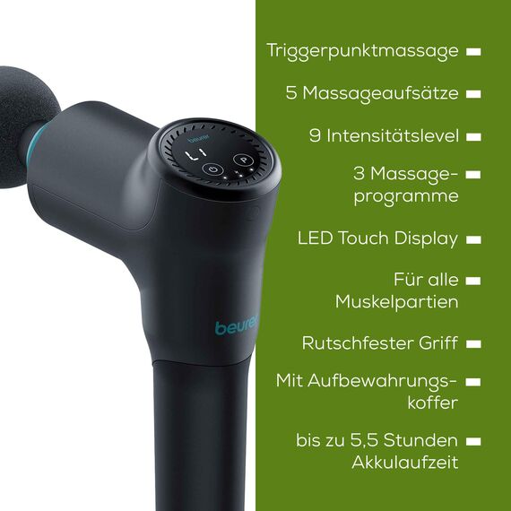 Beurer MG 185 Massagepistole, Massage Gun mit 5 Aufsätzen, kraftvolle Triggerpunktmassage, Lockerung von Verspannungen, Muskelmassagegerät mit 9 Intensitätsstufen, mit Akku