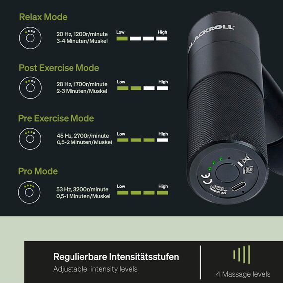 BLACKROLL® FASCIA GUN Massagepistole - Hochwertige Mini Massagepistole mit USB C für Muskulatur und Faszien I 4 Aufsätze mit 4 regulierbaren Stufen I Für Schmerzlinderung & Entspannung