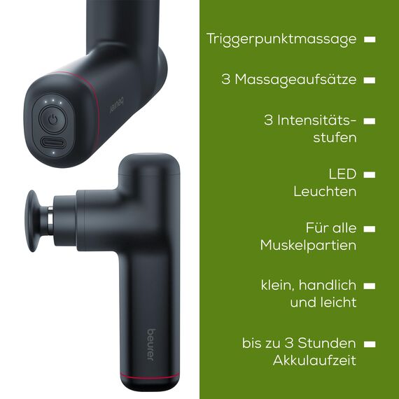 Beurer MG 79 Massage Gun Sensitive, kompakte Massagepistole mit 3 Aufsätzen, sanfte Triggerpunktmassage für empfindliche Körperbereiche, handliches Muskelmassagegerät mit 3 Intensitätsstufen