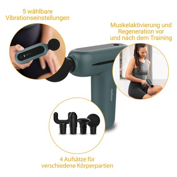 medisana MG 200 Mini Massage Gun, Massagepistole mit 4 Aufsätzen, Massagegerät mit Smart-Modus und 5 Intensitätsstufen zur Entspannung und Massage, lange Akkulaufzeit, mit Aufbewahrungsbox