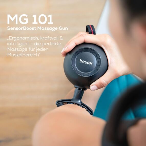 Beurer MG 101 SensorBoost Massagepistole, ergonomisches & kompaktes Design, leise & kraftvolle Triggerpunktmassage für Entspannung & Regeneration, Muskelmassagegerät mit Drucksensor, 5 Aufsätze