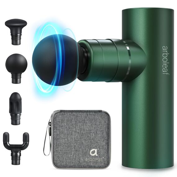 arboleaf mini Massagepistole Massage gun bis zu 3200U/min, handliche Massagepistole 0,47kg mit druckadaptive stufe & 4 Silikon-Massageköpfen, leise Muskelpistole mit Tasche Muscle Gun USB-C(grün)