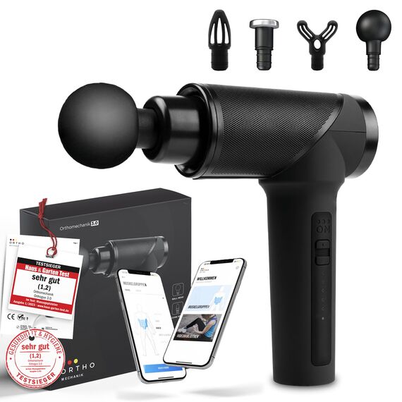 OrthoMechanik® 3.0 | OrthoGun ohne Koffer | Massagepistole mit App & 4 Aufsätzen | 160W Motor & 5 Intensitäten für Schmerzlinderung & Entspannung | Bis zu 360 Min. Laufzeit