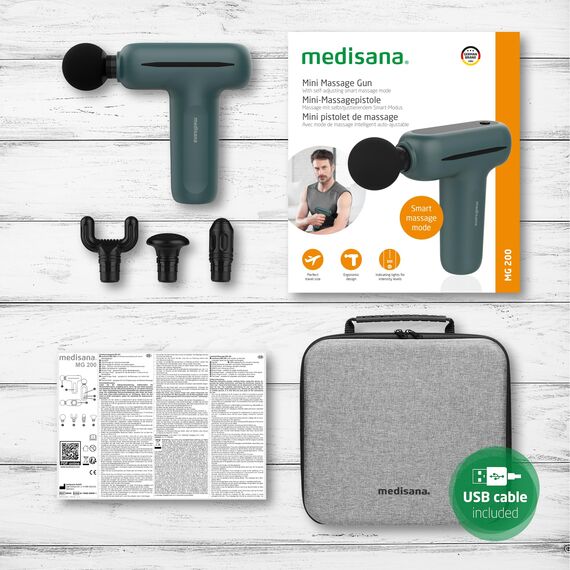 medisana MG 200 Mini Massage Gun, Massagepistole mit 4 Aufsätzen, Massagegerät mit Smart-Modus und 5 Intensitätsstufen zur Entspannung und Massage, lange Akkulaufzeit, mit Aufbewahrungsbox