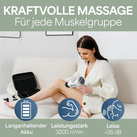 Massagepistole inkl. 6 Massageköpfen & 30 Geschwindigkeiten, mit USB-C Anschluss und LCD Touchscreen I Muskel Massagegerät, Massage-Gun, Muskelmassagepistole, Muskel-Pistole (Weiß)