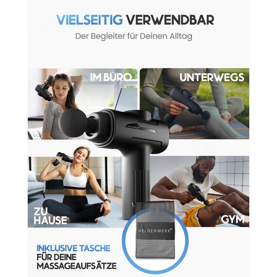 HELDENWERK Massagepistole inkl. 6 Massageköpfen & 3200 U/min I Muskel Massage-Gun mit USB-C Anschluss I Muskel Massagegerät, Massagegun, Muskelmassagepistole, Muskelpistole (Schwarz)