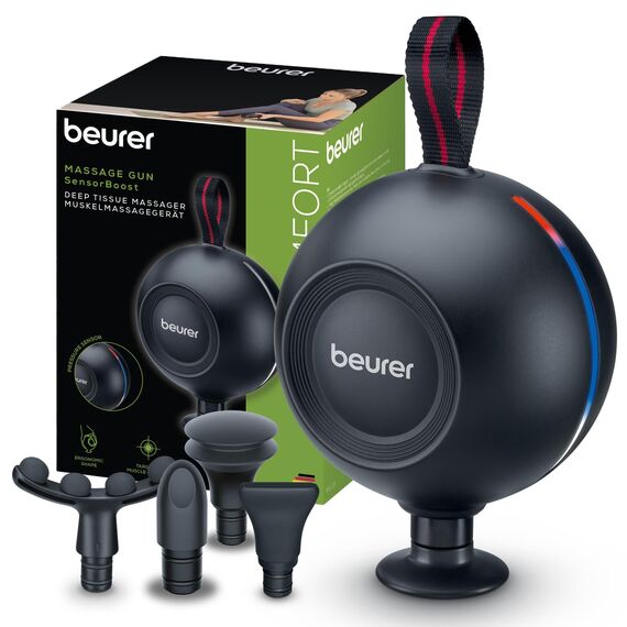 Beurer MG 101 SensorBoost Massagepistole, ergonomisches & kompaktes Design, leise & kraftvolle Triggerpunktmassage für Entspannung & Regeneration, Muskelmassagegerät mit Drucksensor, 5 Aufsätze