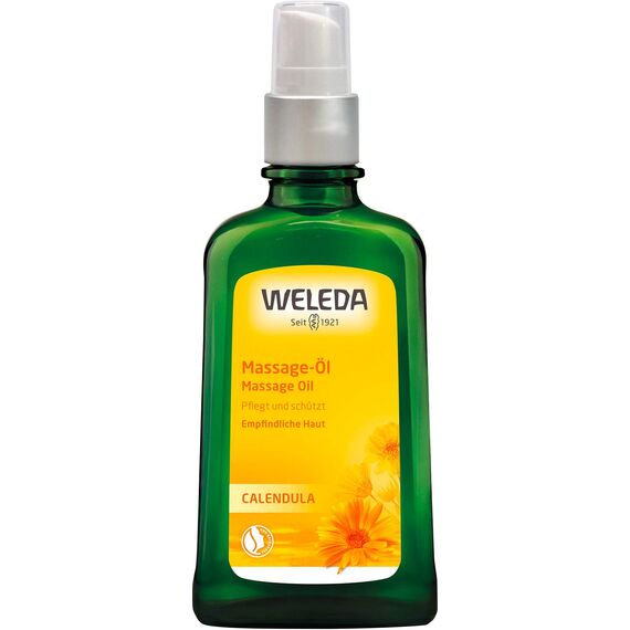 WELEDA Bio Calendula Massageöl - ätherisches Naturkosmetik Hautpflege Körperöl / Pflegeöl mit Sonnenblumenöl zur Pflege empfindlicher Haut mit frischem Litsea Cubeba & Zitrone Duft (vegan, 100ml)