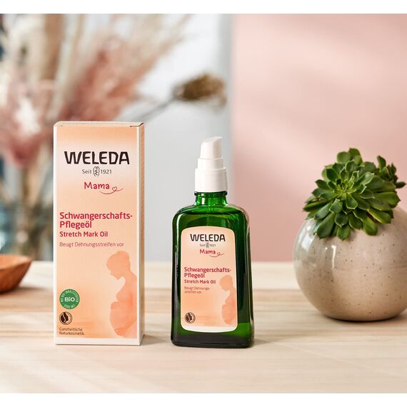 WELEDA Bio Mama Schwangerschaftsöl - Naturkosmetik Babybauch Massageöl zur Dehnungsstreifen Vorbeugung. Hautpflege Schwangerschaft Narbenöl mit Jojobaöl verbessert die Hautelastizität (vegan, 100ml)