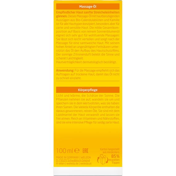 WELEDA Bio Calendula Massageöl - ätherisches Naturkosmetik Hautpflege Körperöl / Pflegeöl mit Sonnenblumenöl zur Pflege empfindlicher Haut mit frischem Litsea Cubeba & Zitrone Duft (vegan, 100ml)