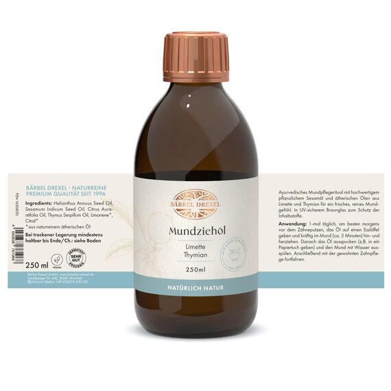 BÄRBEL DREXEL® Natürliches Mundziehöl Limette Thymian (250ml) Ayurvedische Mundspülung zum Entgiften 100% Vegane Herstellung Deutschland Ölziehkur Mundöl Ölziehen Zahnöl
