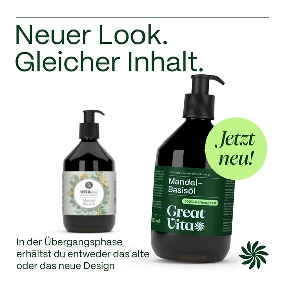 GreatVita Mandel Basisöl, 1er Pack (1 x 500 ml) vegan, gentechnikfrei, ideal zur Haut- und Haarpflege, für Aromatherapie & als Basisöl für Massageöle oder Naturkosmetik