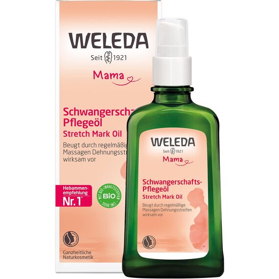WELEDA Bio Mama Schwangerschaftsöl - Naturkosmetik Babybauch Massageöl zur Dehnungsstreifen Vorbeugung. Hautpflege Schwangerschaft Narbenöl mit Jojobaöl verbessert die Hautelastizität (vegan, 100ml)