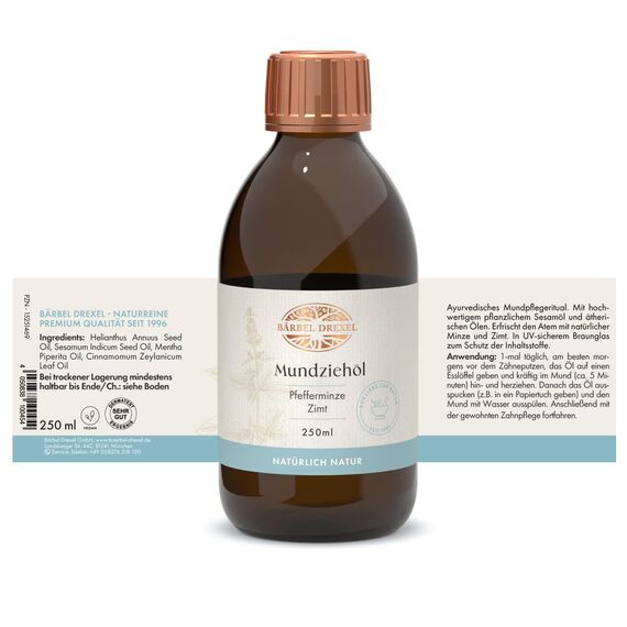 BÄRBEL DREXEL® Mundziehöl Minze Zimt (250 ml) Ayurvedische Mundspülung alkoholfrei Ölziehen Entgiften Mundpflege Zahnöl Oral Care Zahnpflege fluoridfrei Naturheilkunde Vegan