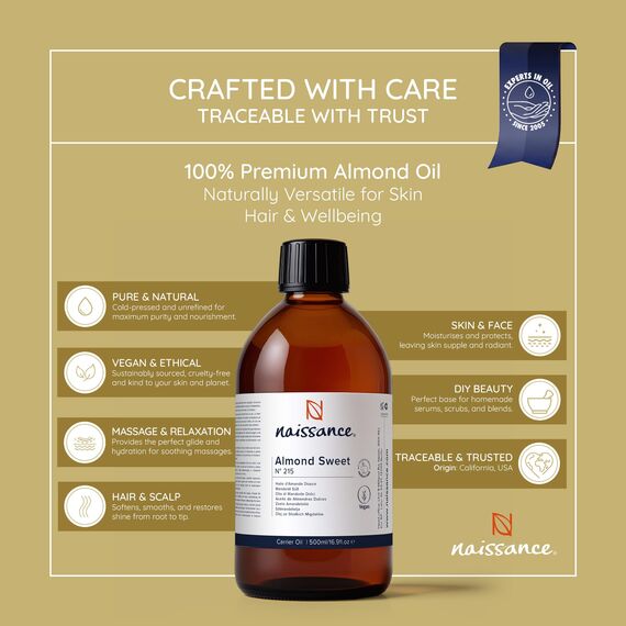 Naissance Natürliches Süßes Mandelöl (Nr. 215) 500ml – Vegan, Gentechnikfrei – Ideal zur Haar– und Körperpflege, für Aromatherapie und als Basisöl für Massageöle