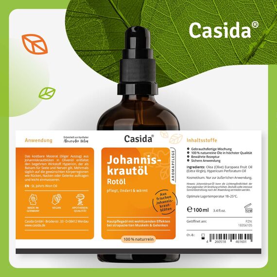 Casida® Johanniskrautöl Rotöl - Durchwärmendes, beruhigendes Johanniskraut-Rotöl für Massagen und Einreibungen - 100 ml