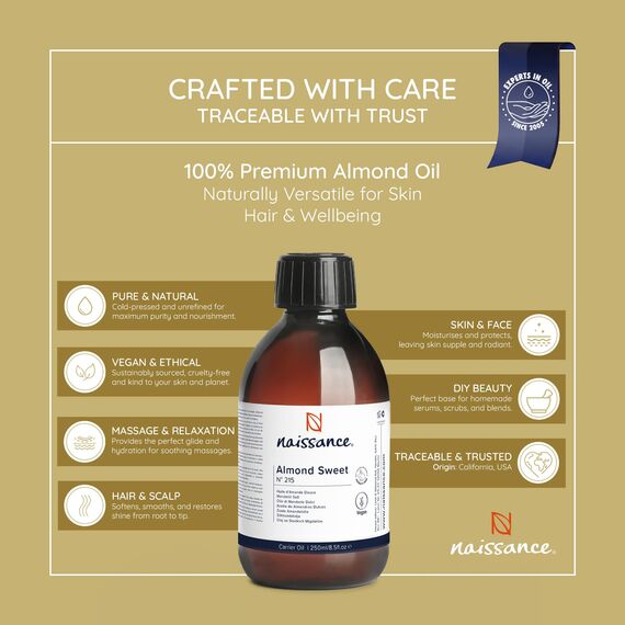 Naissance Natürliches Süßes Mandelöl (Nr. 215) 250ml – Vegan, Gentechnikfrei – Ideal zur Haar– und Körperpflege, für Aromatherapie und als Basisöl für Massageöle