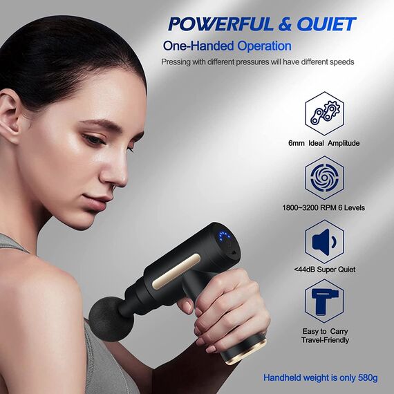 Massagepistole Mini, Uplayteck Muskel Massagegerät Tragbar 35DB Ultra Leise mit 6 Geschwindigkeiten, 4 Massageköpfen, USB C Ladeanschluss Massage Gun Handmassagegerät für Bein Nacken Schulter
