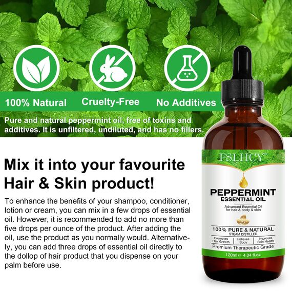 Pfefferminzöl Ätherisches Öl 120ml, 100% Reines Natürliches Minzöl, Peppermint oil für Haar, Diffusor, Massage, Körperpflege, Aromatherapie