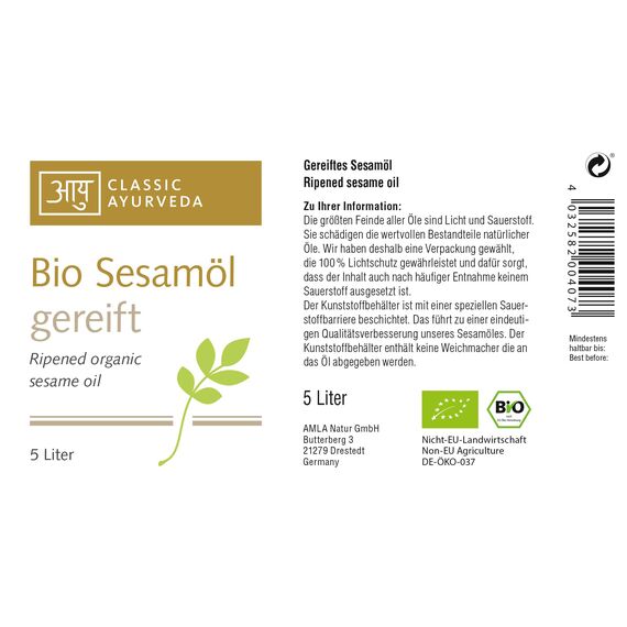 Classic Ayurveda Massageöl Öl – Gereiftes Bio Sesamöl (5 Liter), neutral & intim geeignet, reines Ayurveda Öl für die tägliche Massage & Pflege