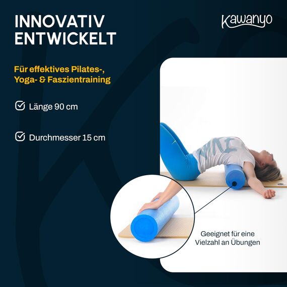 Kawanyo – Pilates Rolle 90 cm für Stabilitäts- & Balanceübungen – Übungshilfe zum Pilatestraining – Yoga Rolle aus Hartschaum für Yoga, Pilates, Fitness, Gymnastik, Reha & Therapie (Blau)