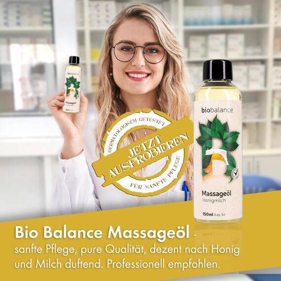 BIO BALANCE Honigmilch Massageöl 150ml - intim geeignetes, natürliches Körperöl für Entspannung & Massage für Körpermassagen & Hautpflege - für trockene & anspruchsvolle Haut - DERMATOLOGISCH GETESTET