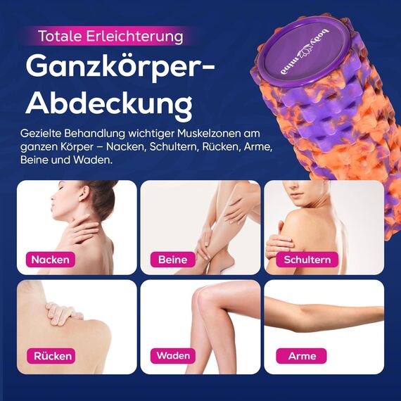 Body & Mind® Faszienrolle Massage-Rolle Fitnessrolle Sportrolle Therapierolle; Faszien-Training am Oberkörper, Nacken, Rücken, Beine, Waden & allen anderen Muskelgruppen; 33 x 14,5 cm; Orange-Lila