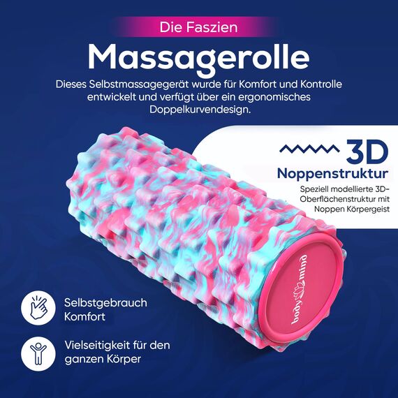 Body & Mind® Faszienrolle Massage-Rolle Fitnessrolle Sportrolle Therapierolle; Faszien-Training am Oberkörper, Nacken, Rücken, Beine, Waden & allen anderen Muskelgruppen; 33 x 14,5 cm; Pink-Blau