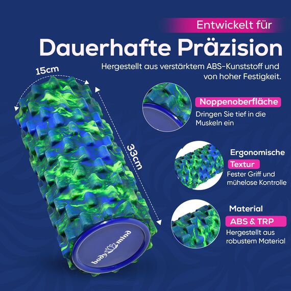 Body & Mind® Faszienrolle Massage-Rolle Fitnessrolle Sportrolle Therapierolle; Faszien-Training am Oberkörper, Nacken, Rücken, Beine, Waden & allen anderen Muskelgruppen; 33 x 14,5 cm; Grün-Blau