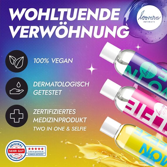 Loovara Gleitgel Massageöl 3x250ml Vorteilspack - HAPPY WEEKEND – pflegendes Massageöl Gleitgel Set, Vegan, natürlich, dermatologisch getestet, kondomsicher, Ideal für Vorspiel, Sex & Sex-Spielzeug