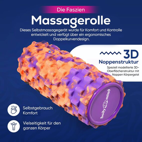 Body & Mind® Faszienrolle Massage-Rolle Fitnessrolle Sportrolle Therapierolle; Faszien-Training am Oberkörper, Nacken, Rücken, Beine, Waden & allen anderen Muskelgruppen; 33 x 14,5 cm; Orange-Lila