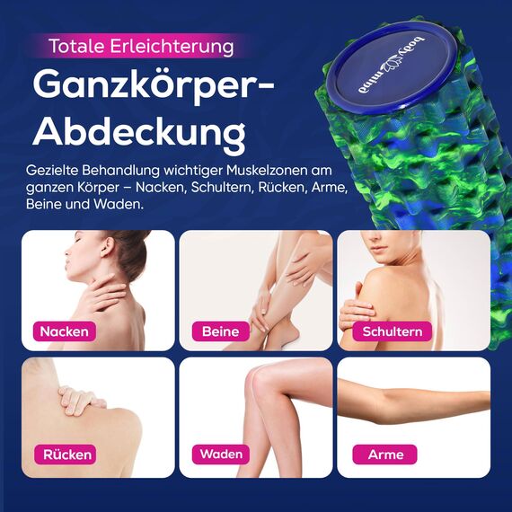 Body & Mind® Faszienrolle Massage-Rolle Fitnessrolle Sportrolle Therapierolle; Faszien-Training am Oberkörper, Nacken, Rücken, Beine, Waden & allen anderen Muskelgruppen; 33 x 14,5 cm; Grün-Blau