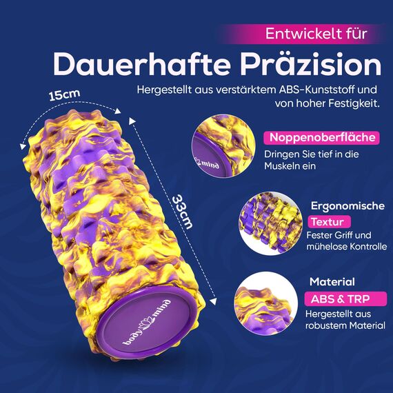 Body & Mind® Faszienrolle Massage-Rolle Fitnessrolle Sportrolle Therapierolle; Faszien-Training am Oberkörper, Nacken, Rücken, Beine, Waden & allen anderen Muskelgruppen; 33 x 14,5 cm; Gelb-Violett