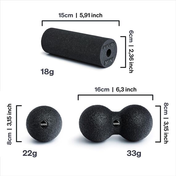 BLACKROLL® BLACKBOX Faszienrollen für die Selbstmassage: Set mit Faszienrolle STANDARD und MINI sowie mit Faszienball BALL 08 und DUOBALL 08 für effektives Training, Made in Germany