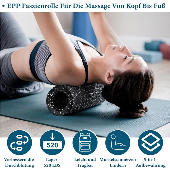 Fitnessrolle Faszienrolle Set 5-T Faszienball Blackroll Foam Roller Faszien Set mit Faszienball Faszienrolle Klein und Duoball Triggerpunkt für Yoga Faszien Training von Muskeln