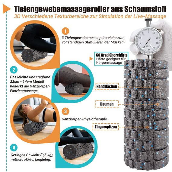 nooncrazy Faszienrolle Set mit 3D-Texturmassage, Mini Faszienrolle, Faszienball und Duoball, Faszien Set zum Faszien Training von Muskeln, Bindegewebe und Stoffwechsel, mit Training Posters