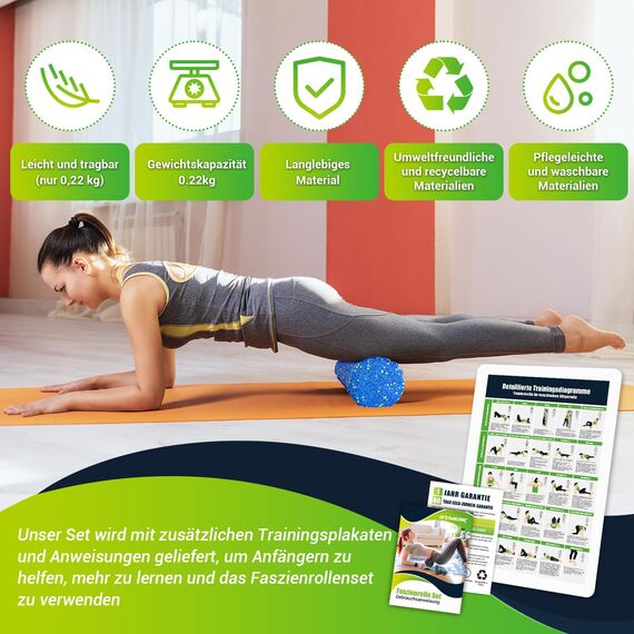 Faszienrolle Set mit 3D-Texturmassage, Enthält Anweisungen und Poster in Deutscher Sprache Tragetasche, Yoga Faszien Set mit Faszienball Faszienrolle Klein Duoball