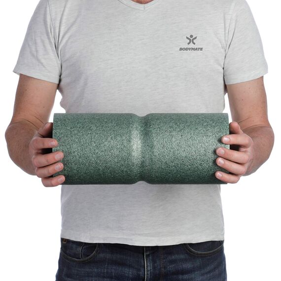 BODYMATE Faszienrolle CARE Mittel-Hart mit umlaufender Rille zu Wirbelsäulen-Entlastung mit E-Book - Midnight-Green 35x14cm