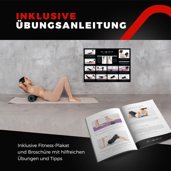 Fas Fit Faszienrolle Faszienball Selbst-Massage Set rot 4teilig – Faszien-Set für Rücken, Wirbelsäule, Pilates – inkl. Poster, Übungsheft, E-Book und Turnbeutel – inkl. Nackenrolle Massageball Duoball