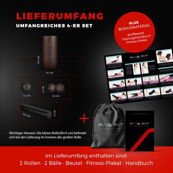 Fas Fit Faszienrolle Faszienball Selbst-Massage Set rot 4teilig – Faszien-Set für Rücken, Wirbelsäule, Pilates – inkl. Poster, Übungsheft, E-Book und Turnbeutel – inkl. Nackenrolle Massageball Duoball