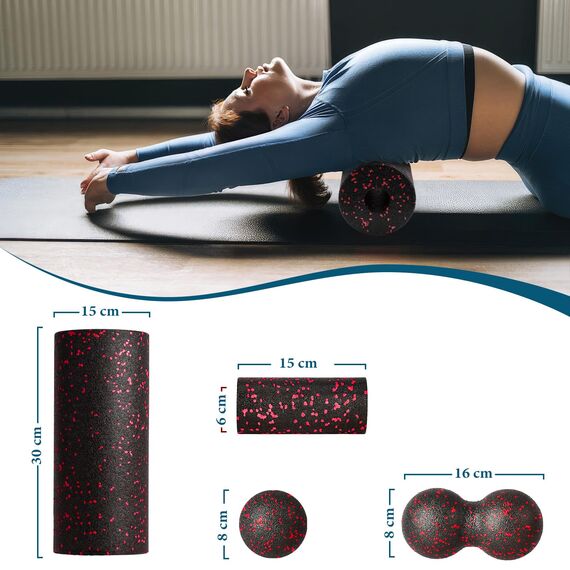 Fitnessrolle Faszienrolle Set Blackroll Foam Roller Faszien Set mit Faszienball Mini Faszienrolle Klein und Duoball für Yoga Faszien Training von Muskeln (rot)
