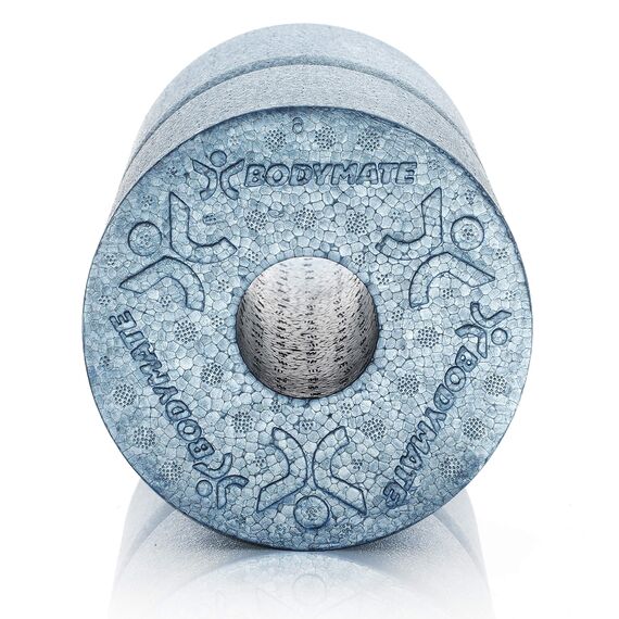 BODYMATE Faszienrolle CARE Mittel-Hart mit umlaufender Rille zu Wirbelsäulen-Entlastung mit E-Book - Cool-Grey-Blue 35x14cm