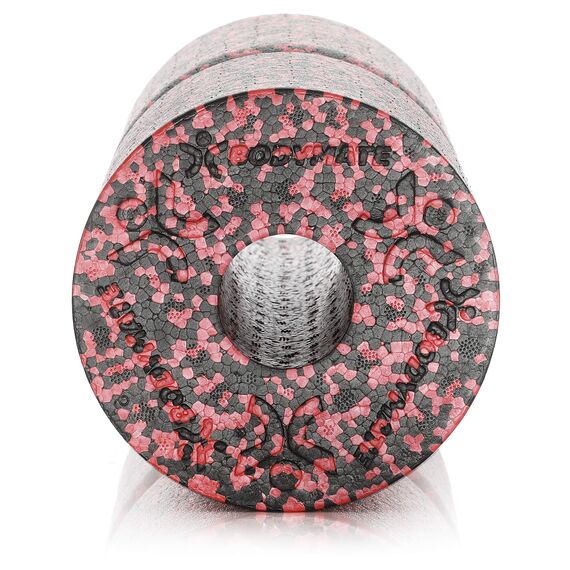 BODYMATE Faszienrolle CARE Mittel-Hart mit umlaufender Rille zu Wirbelsäulen-Entlastung mit E-Book - Schwarz/Pepper-Red 35x14cm