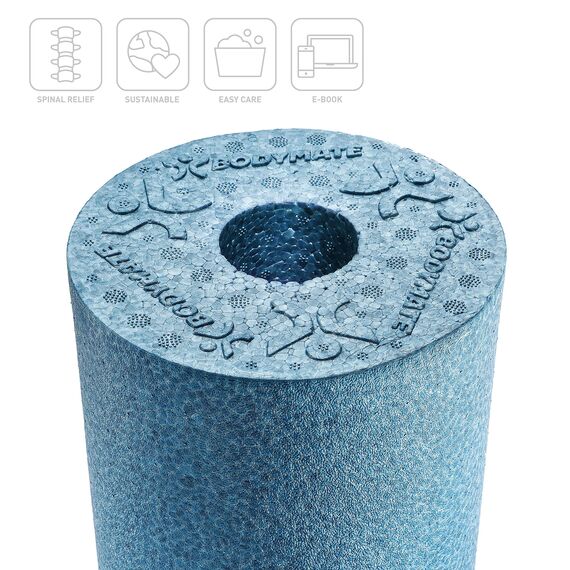 BODYMATE Faszienrolle CARE Mittel-Hart mit umlaufender Rille zu Wirbelsäulen-Entlastung mit E-Book - Cool-Grey-Blue 35x14cm