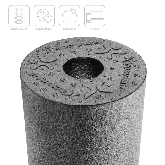 BODYMATE Faszienrolle CARE Mittel-Hart mit umlaufender Rille zu Wirbelsäulen-Entlastung mit E-Book - Carbon-Grey 35x14cm
