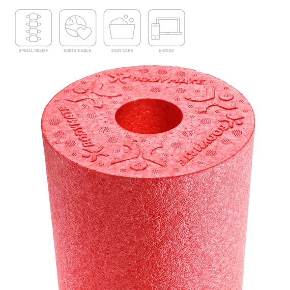 BODYMATE Faszienrolle CARE Mittel-Hart mit umlaufender Rille zu Wirbelsäulen-Entlastung mit E-Book - Pepper-Red 35x14cm