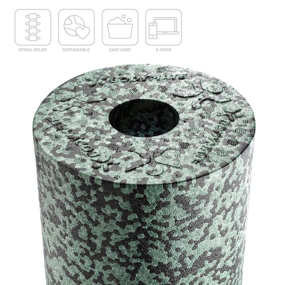 BODYMATE Faszienrolle CARE Mittel-Hart mit umlaufender Rille zu Wirbelsäulen-Entlastung mit E-Book - Schwarz/Midnight-Green 35x14cm