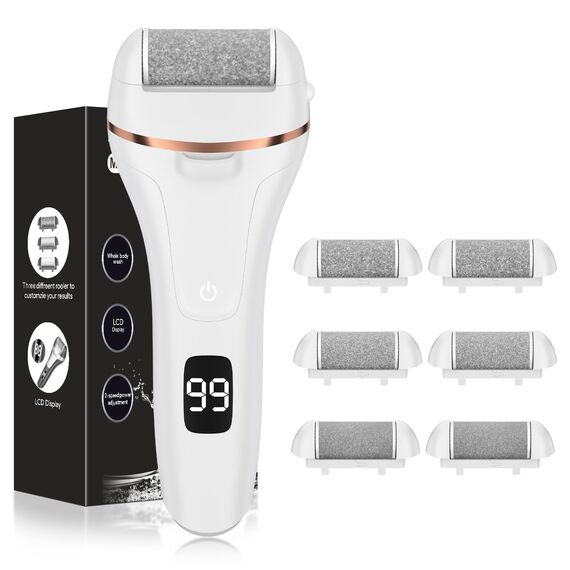 Hornhautentferner Elektrisch - Hornhaut Entfernen Fuß - Fusspflege Set Professionell mit 6 Ersatzrollen 2 Gear Hornhautentferner Pediküre Hornhautfeile Callus Remover für Fußpflege (Weiß-6)