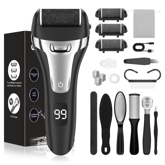 Hornhautentferner Elektrisch - Hornhaut Entfernen Fuß - Fusspflege Set Professionell mit 3 Ersatzrollen 2 Gear Hornhautentferner Pediküre Hornhautfeile Callus Remover für Fußpflege (Schwarz)